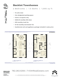 Informational: Backlot Townhomes marketing sheet showing features (2 beds, 1.5 baths, 1,005 sq ft) and two floor plans with branding at bottom.